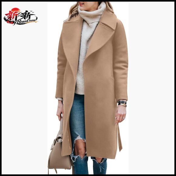Wool Blend Pea Coat with Belt Notched Lapel Collar Long Trench Coat